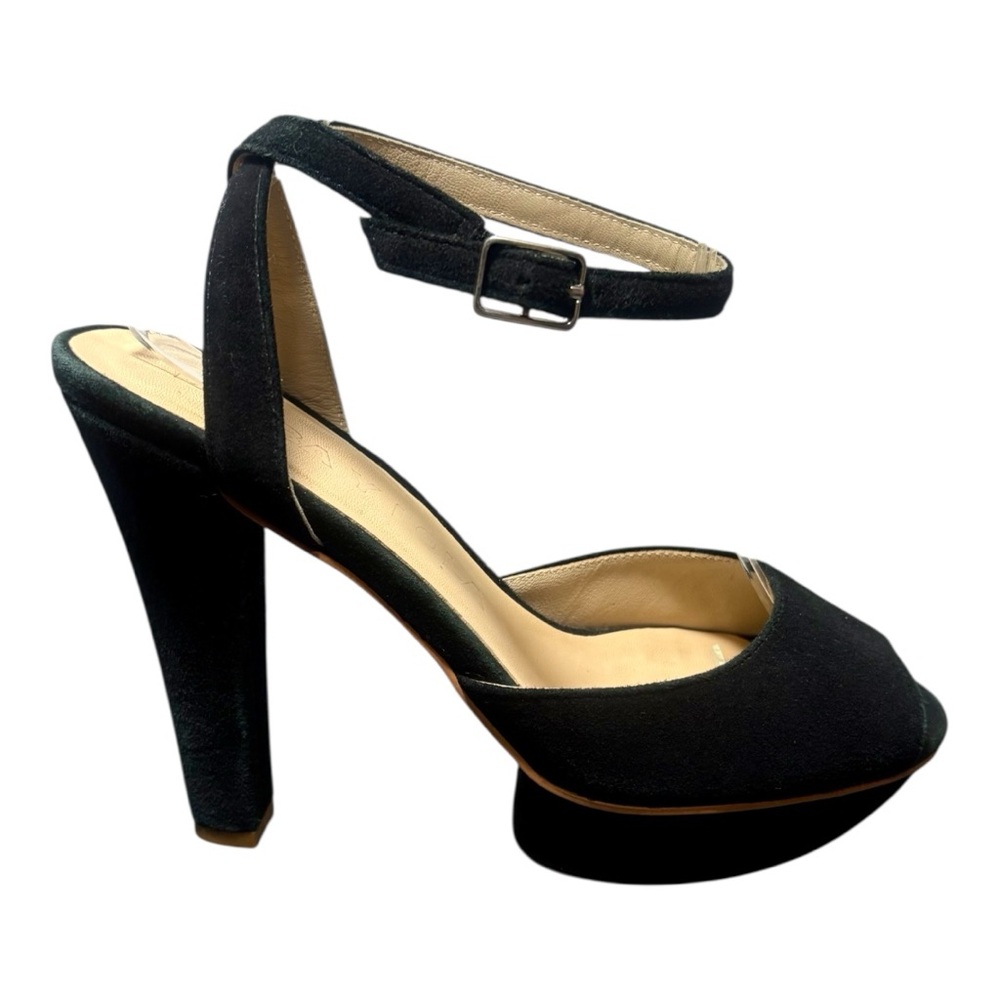 BIMBA Y LOLA Black Suede Chunky Heel Peep-Toe Sandals